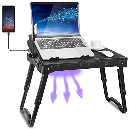 TeqHome Laptop Desk for Bed, Adjustable Table with Fan, Portable Lap Desk, Foldable Legs, Stand for Couch Sofa, Tray with LED Light, 4 USB Ports, Storage, Mouse Pad