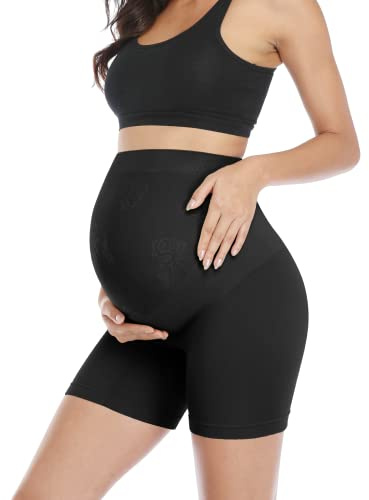 POSHGLAM Dam moderskap formkläder sömlös graviditet underkläder magstöd hög midja mitten av låret trosor shorts, A01 Svart, L