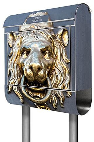 banjado® Briefkasten mit Standfuß personalisiert Motiv Türklopfer Löwe - Stand Briefkasten Edelstahl mit Zeitungsfach - Postbox/Postkasten A4 Einwurf inkl. Montagematerial & 2 Schlüssel