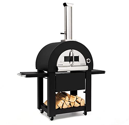 Klarstein Diavolo Napoletana Pizzaofen - Outdoor-Ofen mit Pizzastein, Befeuerung mit Holz oder Kohle, eingebautes Thermometer, Temperaturanzeige bis 500 °C, rostfreier Edelstahl, schwarz