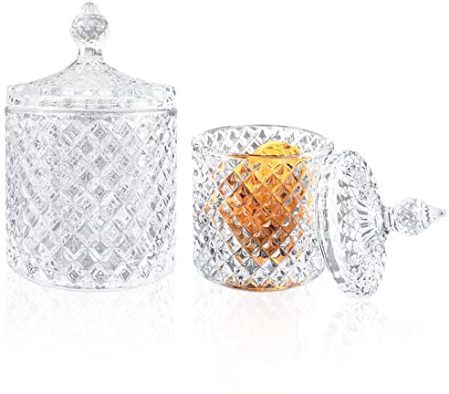 FHDUSRYO 2Pcs Crystal Jar with Lid, Glass Sugar Bowl Decorative Candy Jars, Diamond Candy Dish, Crystal Cookie Tin Biscuit Barrel, Buffet Container, Qtip Holder for Home (10+24oz, Clear)