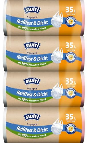 Swirl Reißfest & Dicht Tragegriff Müllbeutel 35 l (4 x 15 Beutel), tropfsichere Müllsäcke für den Hausmüll, reißfeste Mülltüten mit praktischem Tragegriff