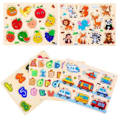 Purpledi Holzpuzzle, 5pcs Holzspielzeug ab Montessori-Spielzeug für Kinder ab 1 2 3 Jahren, Tier Holzpuzzle Puzzle Kleinkind Lernspielzeug für Kinder, Steckpuzzle für Jungen und Mädchen