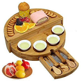 Assiette à Fromage en Bambou Planche à Pain en Bois Ensemble de Coupe-Couverts Planche à charcuterie au Fromage avec tiroir Coulissant Outils de Cuisson (Color : 1 Set A)