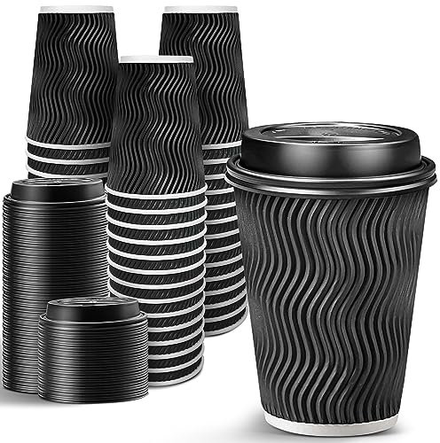 Ginkgo 100 Pack 12 oz Disposable Coffee Cups with Lids, To-Go Paper Coffee Cups Suitable for Hot Chocolate, Cocoa and Hot Drinks - Black