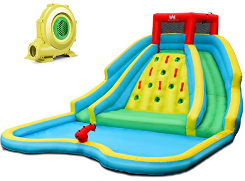COSTWAY Aufblasbare Hüpfburg mit Zwei Wasserrutschen Kletterwand und Wasserkanone, Spielpool Wasserspielcenter Rutsche, Wasserpark Planschbecken 452 x 366 x 229 cm (mit Gebläse)