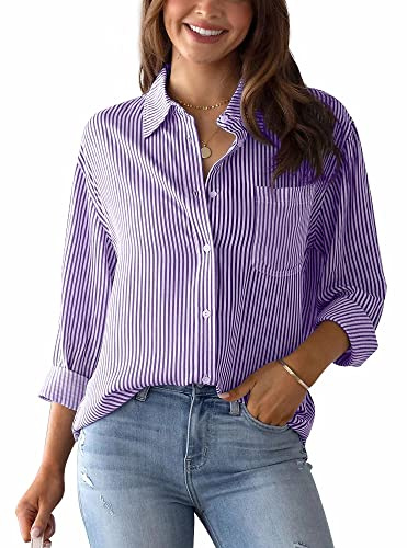 Panegy Camicia da donna a righe, a maniche lunghe, elegante, con scollo a V, camicetta con bottoni, camicette alla moda, da lavoro, in cotone, casual, basic, Lilla, S