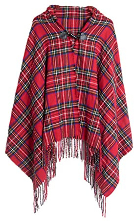 Poncho da Donna Mantella Scialle Aperto sul Davanti Avvolgente con Frange con Fibbie in Corno,Sciarpa Scozzese di Natale Coperta Vintage Elegante Cardigan Leggero Cappotto per Le Donne Autunno Inver