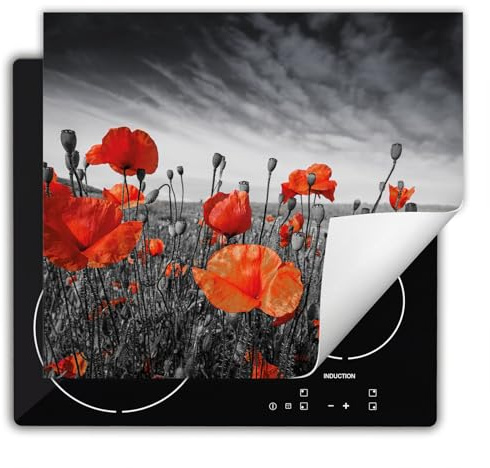 DarHaus Herdabdeckplatte Einteilig Küche Herdabdeckung Ceranfeld Herdabdeckplatten Anti Rutsch Matte Aufrollbar 60x52 cm, grau - rot - Mohnblumen