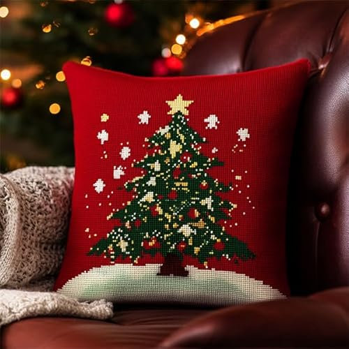Kitquiver Knüpfkissen Set Weihnachten Knüpfen für Anfänger Set 43X43cm DIY Knüpfen Set Kissen Bastelset Knüpfen Handwerksset Kissen DIY Bastelset für Anfänger für die Sofa-Heimdekoration