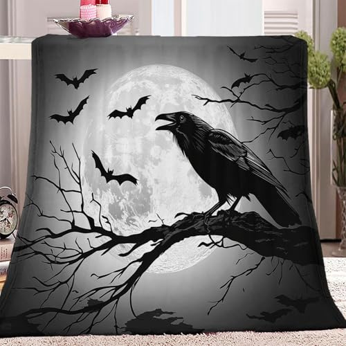 Kuscheldecke Flauschig Decke 150 x 200 cm Wohndecke Couchdecke Mikrofaser Sofaüberwurf Tagesdecke weiche warme Sofadecke mit Vogelkrähe Mond Motiv Schwarz