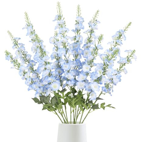 ICBOX 6PCS Delphinium Artificial Flowers 38.2'' Blue Morning Glory Artificial Silk Flowers with Stems for Wedding Party Home Garden Decor(Light Blue)