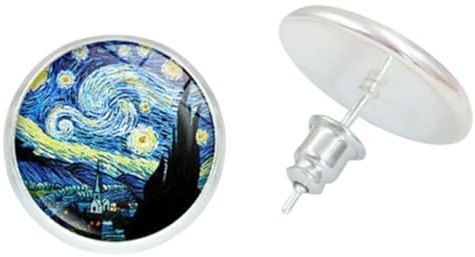 Van Gogh Peinture à l'Huile Nuit Étoilée - Boucles d'Oreilles Rondes - Collection d'Artistes Célèbres - Bijoux de Fantaisie et Cadeaux d'Artisanat