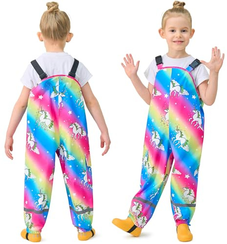 FILOWA Pantalon de Pluie Filles Enfants Pantalon Imperméable avec Réfléchissantes Salopette Pluie Coloré Licorne Modèle Pantalons de Boue Respirant Vêtements de Pluie pour d'extérieur Randonnée, 7 ans