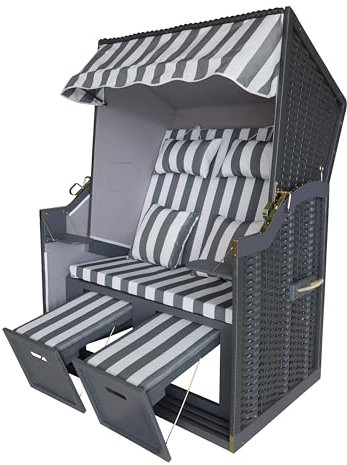 acamp Strandkorb | FSC-zertifiziertes Tannenholz | Rattan grau | Innenbespannt, farbig geölt | Max. Tragfähigkeit 250kg | Flaches FlexMesh | Stoff Weiss/blau gestreift | 110x81x160cm