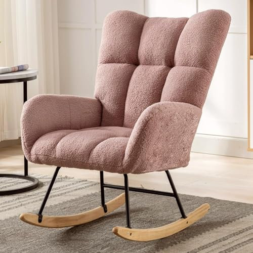 Moderner rosa gepolsterter Schaukelstuhl für Kinderzimmer und Wohnzimmer, Teddy-gepolsterter Sitz mit hoher Rückenlehne, stilvoller Akzentstuhl für Büros, 55 x 75 x 82 cm