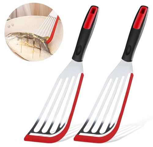 Espátulas para pescado VLYX (paquete de 2) - Acero inoxidable con puntas de silicona, diseño de ranuras finas para sartenes antiadherentes, utensilio de cocina resistente al calor para huevos