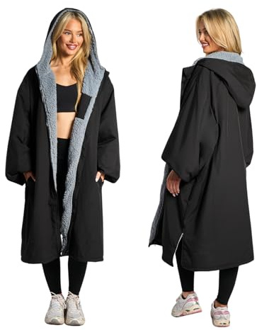 OHS Changing Robe for Men & Women, Oversized Waterproof Privacy Drying Robe Coat with Pockets Fleece Lining Long Sleeve Hooded Jacket for Beach Surfing Lounging - Black, Large