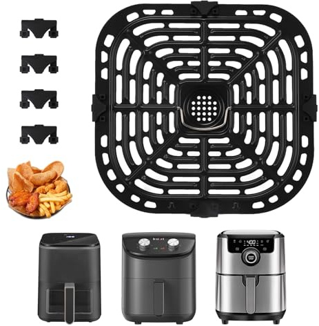 Air Fryer Replacement Tray for Vortex Plus 6QT, Air Fryer Grill Plate Air Fryer Accessories with 4 Rubber Bumpers Upgraded Square Air Fryer Grill Pan Plate Crisper Plate Rack Parts, Dishwasher Safe