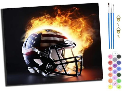 WANGXIAO Malen nach Zahlen Erwachsene,DIY Handgemalt Ölgemälde Kit,Paint by Numbers Adult Mit 3,Pinseln und Acrylfarbe leinwand Kit,40x50 cm,Flammen-American-Football-Helm,mit Rahmen