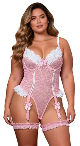 ohmydear Teddy Spets Bodysuit med Strumpeband Sexiga Underkläder Transparent Set med BH Set Underkläder Förförisk Sexig Sommar Babydoll, Rosenröd, S