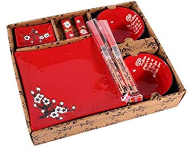 lachineuse - Service de Table Japonais Rouge - Vaisselle Japonaise Traditionnelle - Bols à Riz, Assiettes, Baguettes & Sauciers pour 2 Personnes - Cadeau Japon - Décoration de Table Asiatique
