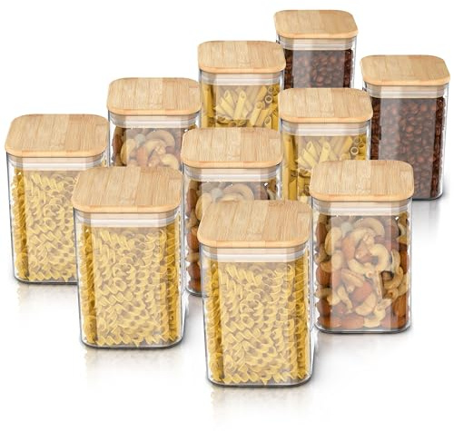 Arendo - Vorratsgläser mit Deckel 1200ml - 10er Set - Behälter aus Glas – hitzebeständig – Vorratsdosen/Vorratsbehälter mit Bambusdeckel - luftdicht - für Müsli Zucker Mehl Kaffee Reis