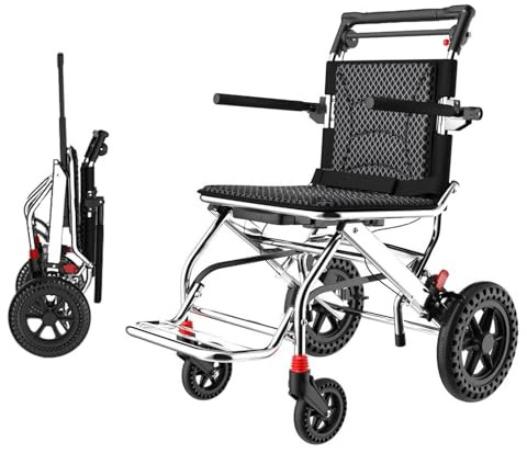 Misorat Faltbarer Leichter Rollstuhl, tragbarer Rollstuhl für Erwachsene und ältere Menschen, Aluminiumlegierhandkart, hoher Reichweite, Sitz 45 cm, 100 kg stützen,Black
