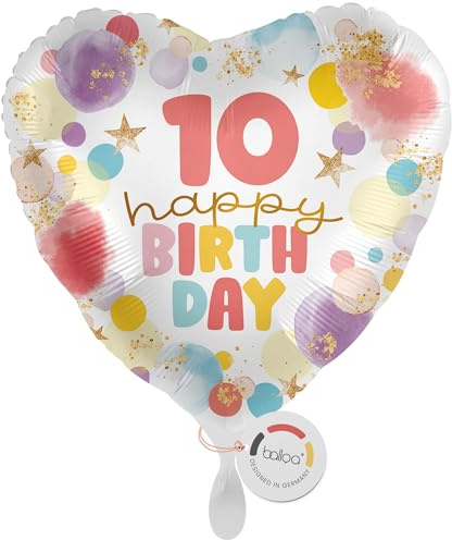 balloa Folienballon Happy Birthday Zahl 10, Geschenk zum 10. Geburtstag, Herzballon bunt mit Aufschrift, Helium geeignet Luftballon, Deko Geschenkidee für Mädchen Jungen, Geburtstagsdekoration, 33cm
