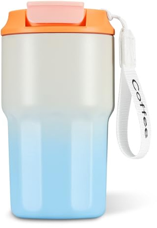 16 OZ Vacuum Insulated Coffee Cup, Leak-Proof Stainless Steel Coffee Travel Mug, 2-in-1 Straw Flip Lid, Keep Hot and Cold (Light Blue)