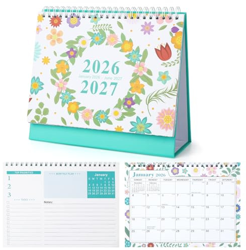 Desk Calendar 2026, 200g Thick Paper January 2026-June 2027 Standing Flip Table Calender with Twin-Wire Binding and Memo Pages, 18×20.3×8cm Flower Desktop Calendar 2026 for School Office Home
