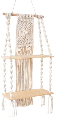 Macrame Wall Shelf - Wall Double Layer Floating Shelf, Large White Handwoven Tassel Wall Shelf, Natural Cotton Rope Boho Hanging Shelf for Plant Holder, Hanger, Living Room