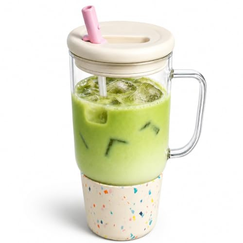 ANOTION Glass Cups with Lids and Straws, 40 Oz Tumbler with Handle, Beige