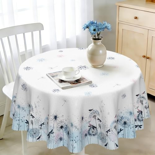 Tischdecke Rund 140 cm Wetterfest Abwaschbar - Polyester Löwenzahn Floral Muster - Outdoor Tischdecke für Garten Küche Esszimmer Balkon - für 4-6 Personen - Wasserdicht & Langanhaltend