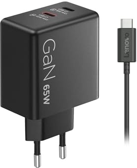 Lenovo GaN Chargeur Double USB-C 65 W - EU, 2 Ports USB-C avec Split 45 W + 18 W, Chargeur Compact pour Ordinateurs Portables et appareils USB-C