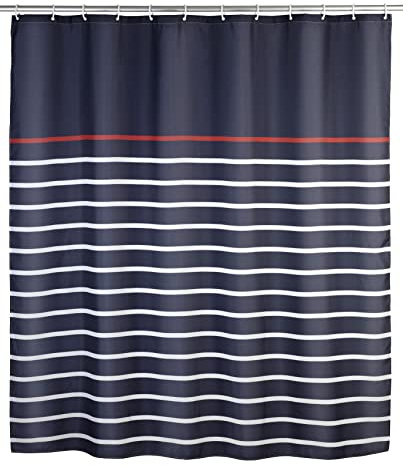 WENKO Duschvorhang Marine Blue - waschbar, mit 12 Duschvorhangringen, Polyester, 180 x 200 cm, Mehrfarbig