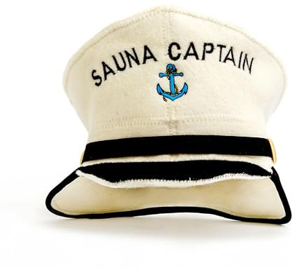 Natural Textile Saunahut 'Sauna Captain' White - 100% organische Wollfilzmützen - Schützen Sie Ihren Kopf vor Hitze - Englische Sauna E-Book Handbuch inklusiv - mit Stickerei