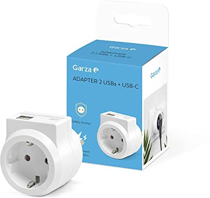 Garza - Schuko-uttagsadapter med 1 uttag + 2 USB-portar + 1 USB C-port, barnskydd, vit