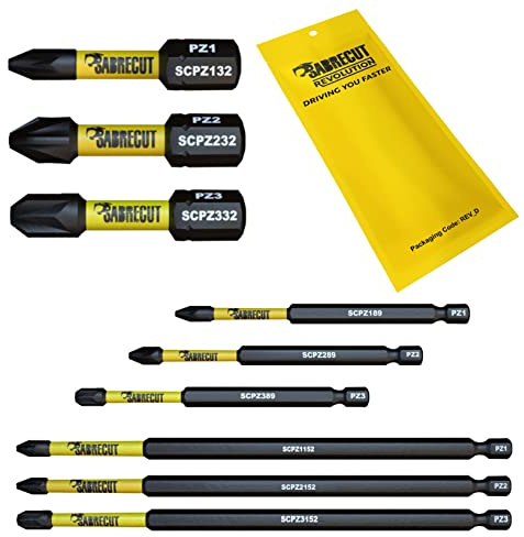 SabreCut 9pcs SCRK9PZ 32mm 89mm 152mm PZ1 PZ2 PZ3 Impact Schrauberbits | Geschmiedete Präzisionsspitzen und wärmebehandelter Torsionsstahl verbessern Schlagfestigkeit und Haltbarkeit