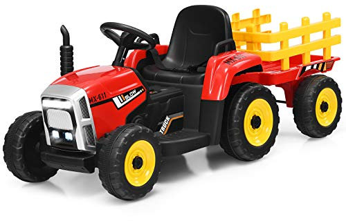 COSTWAY 12V 3-Gang Traktor mit abnehmbarem Anhänger und 2,4G Fernbedienung, Kinder Aufsitztraktor mit LED Lichtern, Musik, Hupe & USB Funktionen, geeignet für Kinder ab 3 Jahren (Rot)