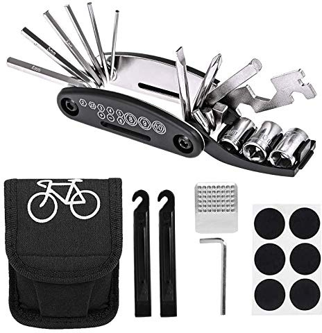 Kit Riparazione per Bici 16 in 1 Kit di Attrezzi per Riparazione della Bicicletta Portatile Pieghevole Attrezzo Multifunzione da Bici con Kit di Patch e Leve del Pneumatico