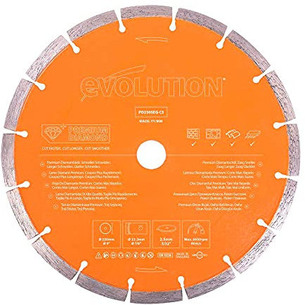 Evolution Hoja de diamante prémium de 230 mm para cortadora de disco de Evolution con elevada concentración de diamante, borde segmentado y orificio de 22,2 mm