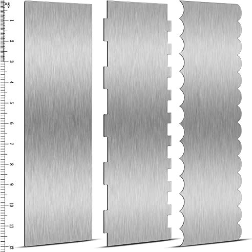 Yinkin 3 Pcs 12 Inch Cake Scraper Smoother Stainless Steel Cake Scraper Metal Large Double Sided Patterned Edge Decorating Comb Icing Smoother for Mousse Butter Cream Dessert Decoration