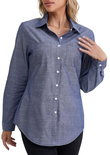 Fuinloth Dam långärmad skjorta knapp ner blus jeans bomull V-ringad T-shirt eleganta toppar Mörkblå 42-44