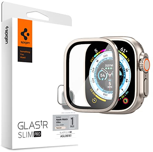 Spigen Härdat Glas [1 Stycken] för Apple Watch Ultra 2 49mm, Titan | Apple Watch Ultra 2, Apple Watch Ultra 1, färgad ram, Reptålig, 9H hårdhet