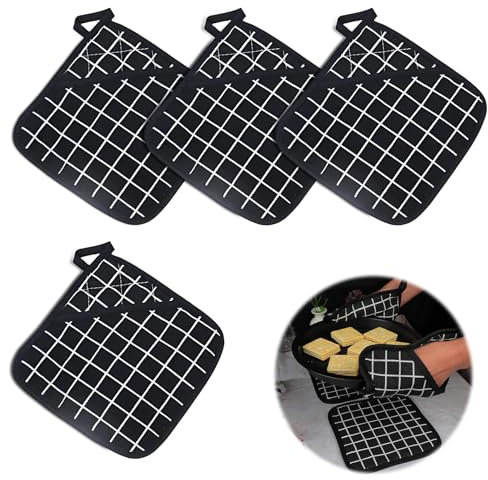 Black Lattice Cotton Heat Resistant Multifunction Pot Holders with Pocket - Oven Square Hot Pads for Table, Bowl, Cup - 4 Pcs