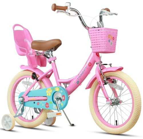 Glerc Maggie Barncykel på 16 tum för 4–7-åringar, flickcykel i prinsesstil med docksits, korg, stödhjul och ringklocka, för födelsedag, rosa