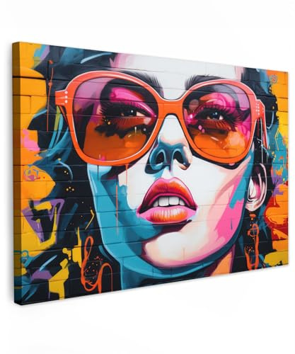 MuchoWow© Wandbilder Groß XXL Wohnzimmer Wanddeko Schlafzimmer Zimmerdeko | 120x80 cm - Fotowand Zimmer Deko Wand Dekoration Wall Banksy - Street Pop Art - Frau - Brille - Farben - Graffiti