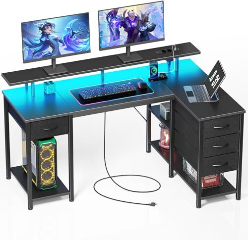 Seventable Computertisch L Form mit 4 Schubladen & Ablageflächen, Gaming Tisch mit LED & Steckdosen, Gaming Schreibtisch mit Monitorständer für Homeoffice, Schlafzimmer, Wohnzimmer (Schwarz, 140 cm)