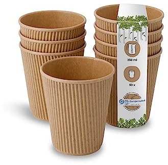 BIOZOYG 50 Stück Kaffeebecher isolierte Pappbecher 251ml / 10 oz Ø 90 mm braun - geriffelt plastikfrei nachhaltige Materialien - Einwegbecher Glühweinbecher